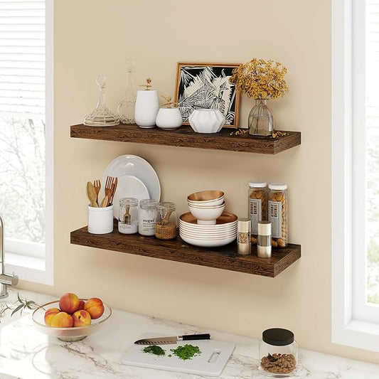 Acovy 30 Inch Floating Shelves, 9.3" Deep Floating Shelf Wall Mounted, 30" Wall Shelves, Rustic Deep Bookshelf, Large Display Shelves & Storage Shelves for Bedroom, Living Room, Brown, Set of 2