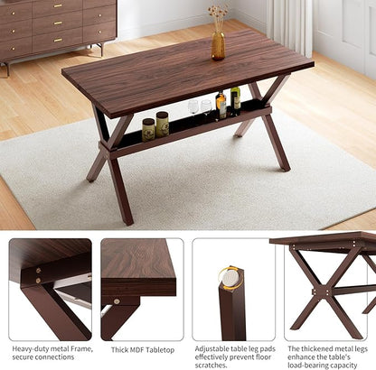 HIPIHOM 63" Modern Dining Room Table with Storage Shelves, MDF Kitchen Table with Scratch-Resistant Surface, Strong Metal Legs, Great for Apartments and Breakfast Nooks