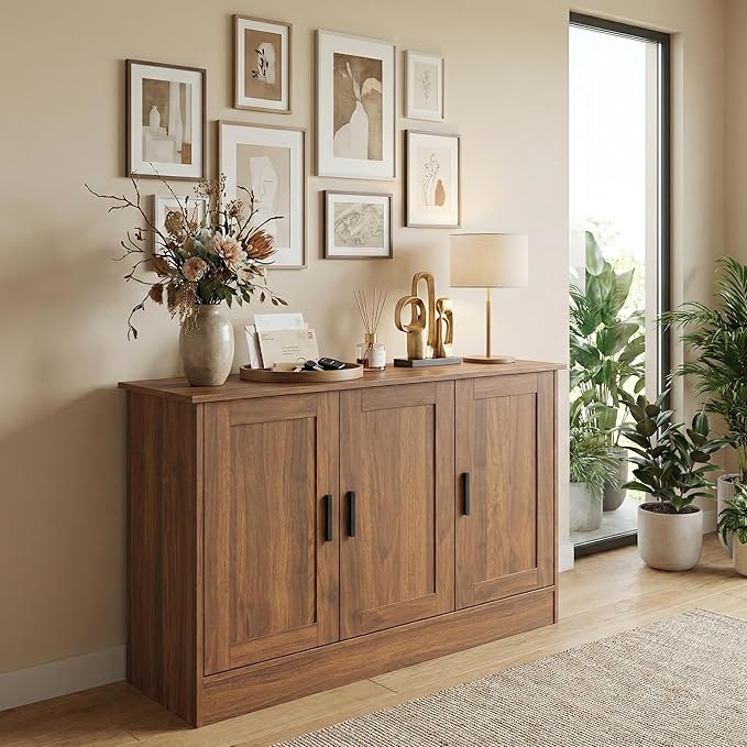 Anystyle 43" Rustic Brown Buffet Cabinet with Black Handles, Small Kitchen Sideboard with 3 Doors & Adjustable Shelves, Industrial Entryway Credenza & TV Console Table for Living Room, Dining Room