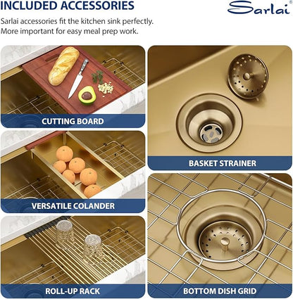 Sarlai 36 Inch Gold Undermount Kitchen Sink Double Bowl Large Workstation Sink Low Divided Gold Stainless Steel Sinks 16 Gauge 50/50 Sinks Double Basin