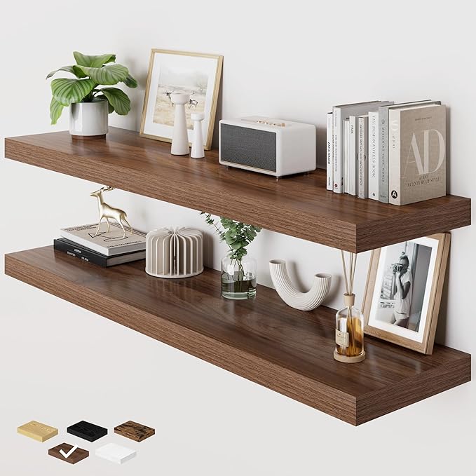 RICHFOCUS Deep Floating Shelves for Wall 2 Pack 12" D 48 Inch Wall Shelves for Room Wall|Wood Hanging Shelf with Invisible Brackets for Bathroom Bedroom Kitchen Laundry Room, Walnut