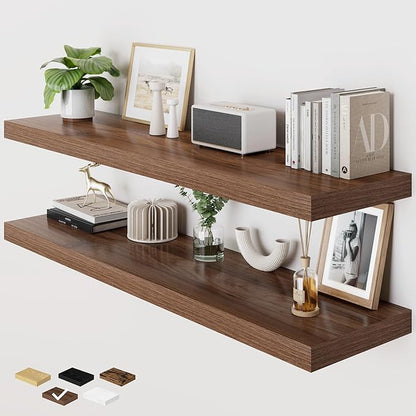 RICHFOCUS Deep Floating Shelves for Wall 2 Pack 12" D 48 Inch Wall Shelves for Room Wall|Wood Hanging Shelf with Invisible Brackets for Bathroom Bedroom Kitchen Laundry Room, Walnut