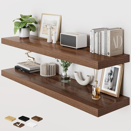 RICHFOCUS Deep Floating Shelves for Wall 2 Pack 12" D 48 Inch Wall Shelves for Room Wall|Wood Hanging Shelf with Invisible Brackets for Bathroom Bedroom Kitchen Laundry Room, Walnut