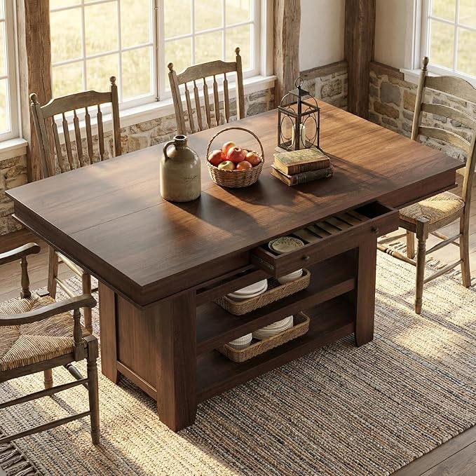 GAOMON 36" Tall Farmhouse Counter Height Dining Table for 4-6, Wooden Bar Height Kitchen Table with Thick Top, Deepened Wine Rack & Shelves, 2 Drawers, Rectangular, for Bar, Kitchen, Pub, Retro Brown