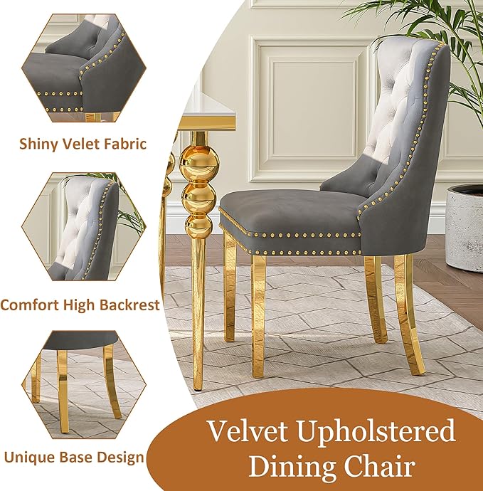 7 Piece Glass Dining Table Set, Modern 70 Inch Gold Rectangular Glass Kitchen Table, 6 Gray Exquisite Velvet Cushion Chairs for Living Room, Restaurant (White-Top)