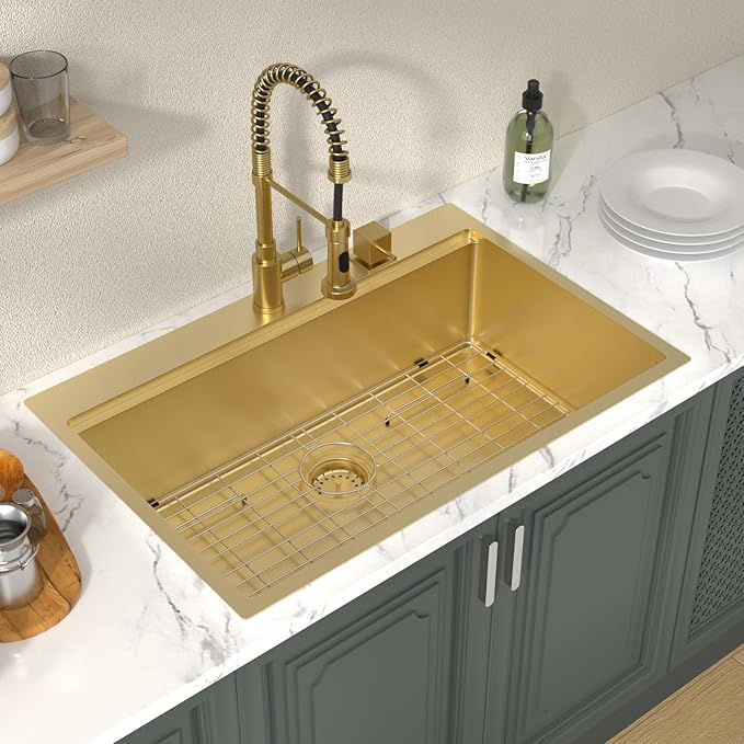 Lordear 33 Inch Drop In Kitchen Sink Gold Brushed 33x22 Workstation Stainless Steel 16 Gauge Single Bowl Handmade Topmount Kitchen Sink with Cutting Board