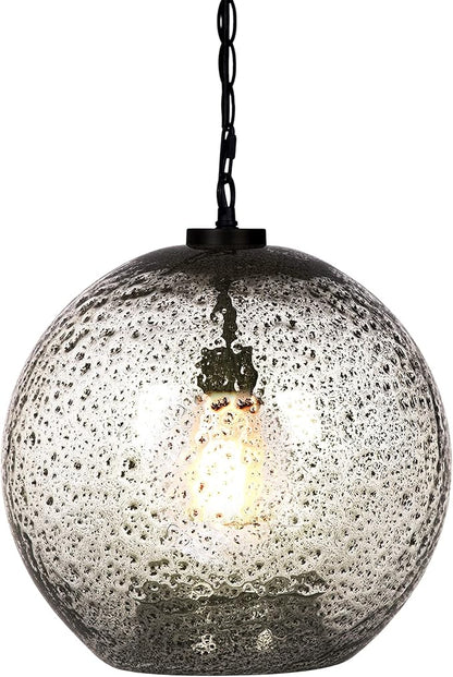 CASAMOTION Pendant Light Fixtures Hand Blown Glass Drop Ceiling Hanging Lighting Rustic Farmhouse Kitchen Island Clear Marble Large Globe Over Dining Room Table Entryway Hallway 15.6 Inch Height