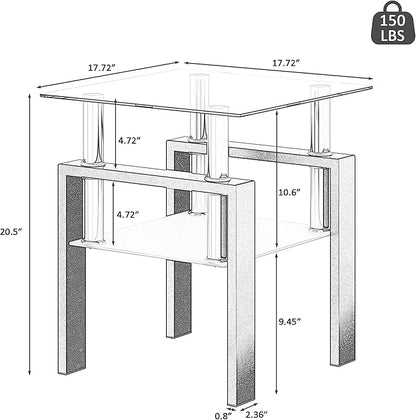Glass End Table, Glass Side Table with Tempered Glass Top & Metal Legs, Living Room Table Modern Square Tea Table Side Tables 2-Layer for Living Room Bedroom