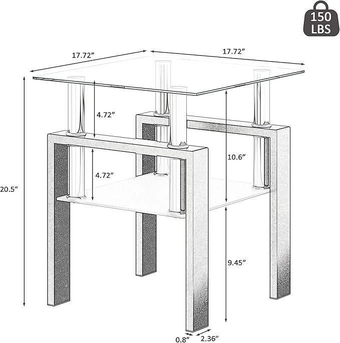 Set of 2 Glass End Table, Glass Side Table with Tempered Glass Top & Metal Legs, Living Room Table Modern Square Tea Table Side Tables 2-Layer for Living Room