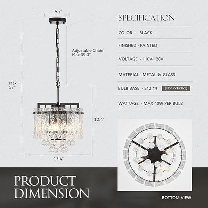 13.4" Small 4-Light Modern Glass Chandelier Light Fixtures Mini Black 2-Tier Crystal Chandeliers for Dining Room Round Hanging Ceiling Pendant Lighting for Kitchen Island Entryway Hallway