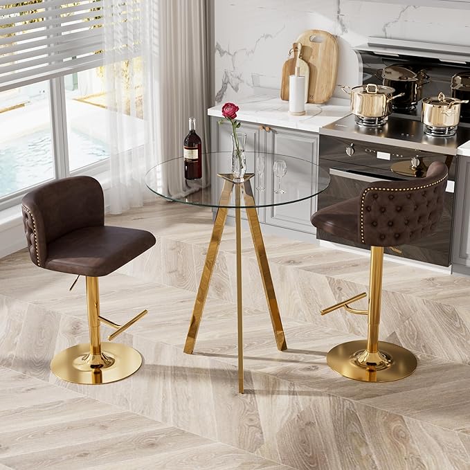 3-Piece Pub Table and Chairs, Round Bar Height Adjustable Swivel PU Leather Bar Stools Set of 2 for Kitchen Island Bistro Office Living Room Small Space Restaurant