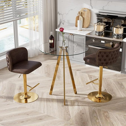 3-Piece Pub Table and Chairs, Round Bar Height Adjustable Swivel PU Leather Bar Stools Set of 2 for Kitchen Island Bistro Office Living Room Small Space Restaurant
