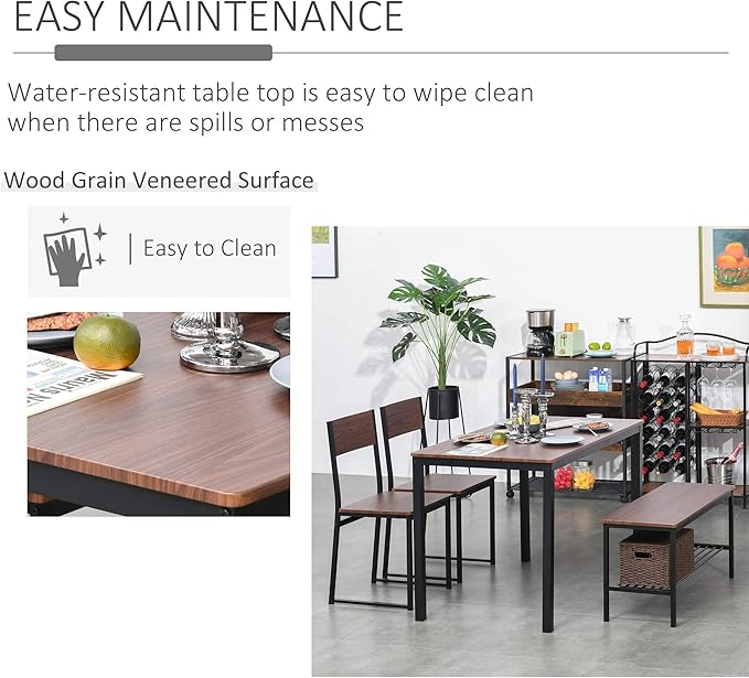 HOMCOM Industrial 4 Piece Dining Room Table Set with Bench Wooden Kitchen Table and Chairs w/Storage Rack for Kitchen, Dinette, Black/Brown