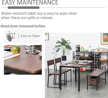 HOMCOM Industrial 4 Piece Dining Room Table Set with Bench Wooden Kitchen Table and Chairs w/Storage Rack for Kitchen, Dinette, Black/Brown