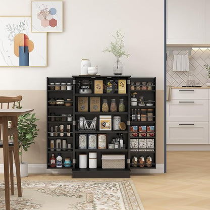 41" Modern Kitchen Pantry, Freestanding Storage Cabinet with 12 Door Shelves, Double Doors, 5-Tier Shelving and Adjustable Shelves, Black, Easy to Maintain, for Dining Room