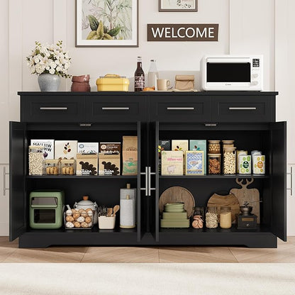 HOSTACK 60" Large Buffet Sideboard with Storage, 36" Tall Kitchen Buffet Storage Cabinet with 4 Drawer, Modern Coffee Bar Cabinet with Silver Handle, Long Sideboard Buffet Table for Living Room, Black