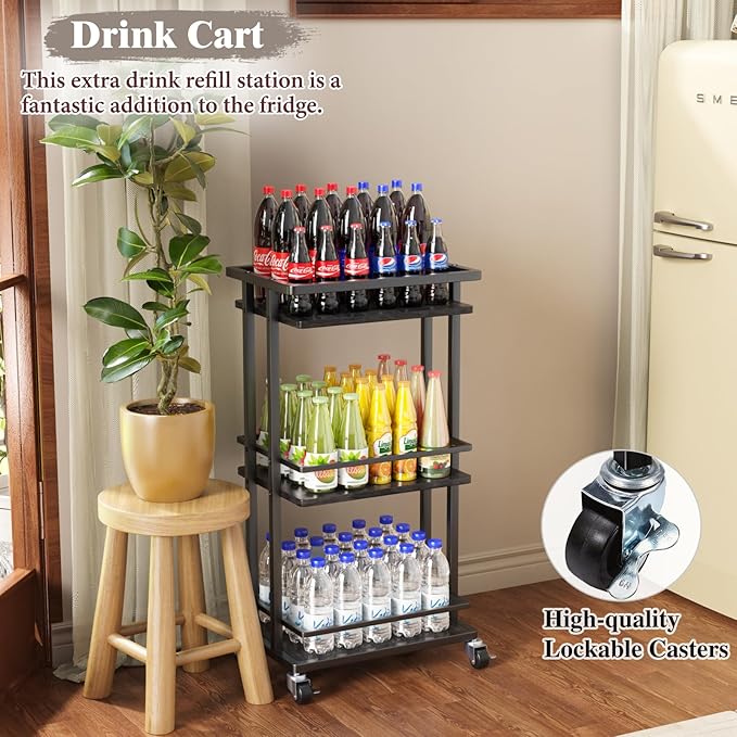OKZEST 3 Tier Bar Cart for Home, Rolling Mini Liquor Bar for Wine Beverage Dinner Party, Utility Kitchen Storage Island Serving Cart on Wheels, Coffee Bar Cabinet for Kitchen Dining Living Room, Black