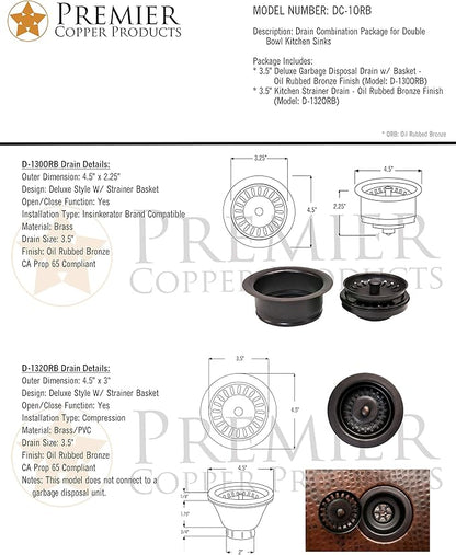Premier Copper Products DC-1ORB Drain Combination Package for Double Bowl Kitchen Sinks, Oil Rubbed Bronze