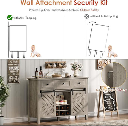 CABIHOME Farmhouse 47.2'' Buffet Cabinet with Sliding Barn Door, 33.4'' Tall Rustic Sideboard with 3 Drawer, Adjustable Shelf and Removable Wine Rack for Dining Room, Kitchen, Living Room, Vintage