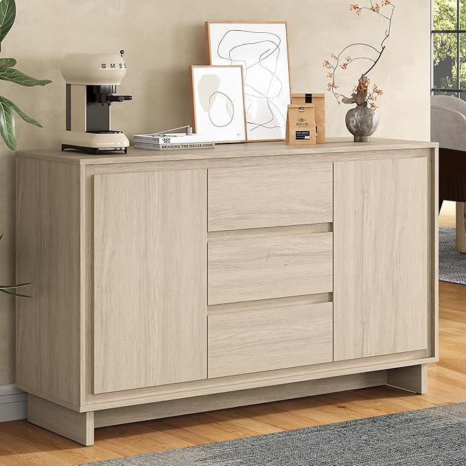 RoyalCraft Buffet Cabinet with Storage, Coffee Bar Cabinet with 3 Drawers and 2 Doors, Framed Edge Design, Modern Sideboard for Kitchen, Living Room and Dining Room, Beige