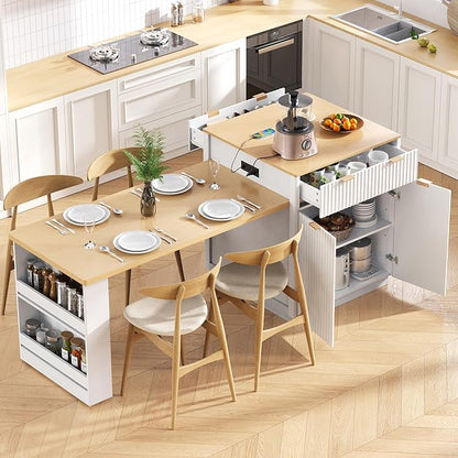 Modern Dining Table Expandable 82.6in Fluted Kitchen Island with, Power Outlet, Wood Console Table with Drawers for Living Room Dining Room Kitchen,White-MDF