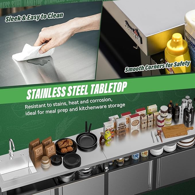 Stanbroil Rolling Outdoor Kitchen Island with Stainless Steel Table Top & Storage Cabinets, Sink&Faucet Included, Extra Large
