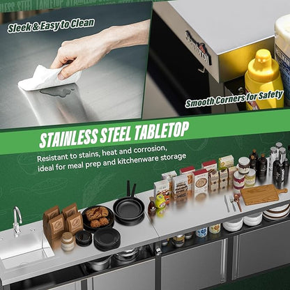 Stanbroil Rolling Outdoor Kitchen Island with Stainless Steel Table Top & Storage Cabinets, Sink&Faucet Included, Extra Large