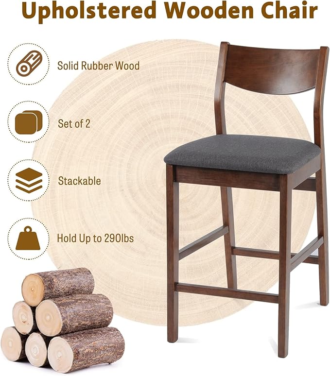 Counter Height Bar Stool Set of 2, Solid Wood Counter Height Chairs with Back, Mid-Century Upholstered Dining Chair with 24 Inches Seat Height, Kitchen, Dining Room, Brown