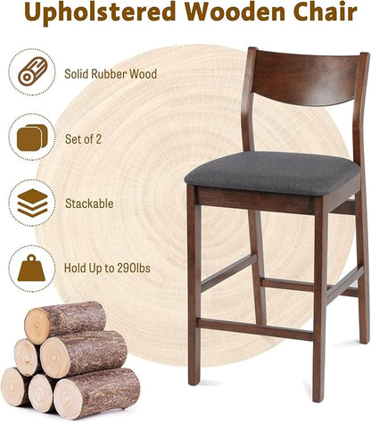 Counter Height Bar Stool Set of 2, Solid Wood Counter Height Chairs with Back, Mid-Century Upholstered Dining Chair with 24 Inches Seat Height, Kitchen, Dining Room, Brown