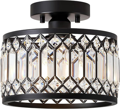 Pevfah Crystal Black Ceiling Light, Modern Semi Flush Mount Ceiling Lighting Fixture, Round Hallway Lighting Fixtures for Kitchen Entryway Bedroom Laundry Room, 1-Light, 9 Inch