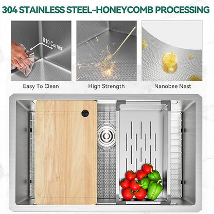 YITAHOME Kitchen Sink Undermount Workstation 32in, 304 Stainless Steel Single Bowl w/Ledge & Accessories, Honeycomb Surface Design, RV, Modern Bar Sink 32x19x10in, Silver