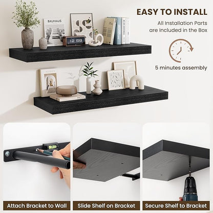 Fun Memories 12 Inch Deep Floating Shelves for Wall, 30 Inch Long Floating Shelf, 30 x 12 Shelf for Wall, Rustic Wood Bookshelves, Hanging Shelves for Bathroom Kitchen Bedroom, Black, Set of 2