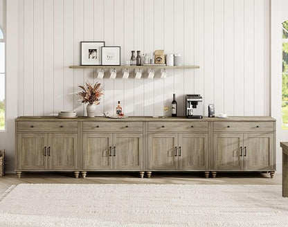 WAMPAT Large Buffet Cabinet with 8 Doors and 4 Drawers, Modern Coffee Bar Table Wood Kitchen Storage Cabinets, Farmhouse Sideboard Credenza for Dining Room, Wash Grey, 134 inch