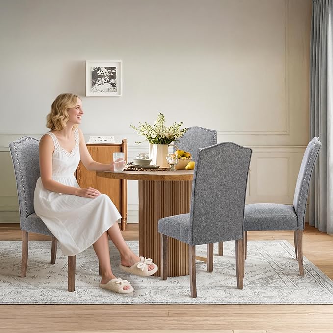 Upholstered Dining Chair Modern Stylish Parsons Kitchen Diner High Back with Silver Nailhead Trim & Wood Legs, Set of 6, Fabric Classic Grey