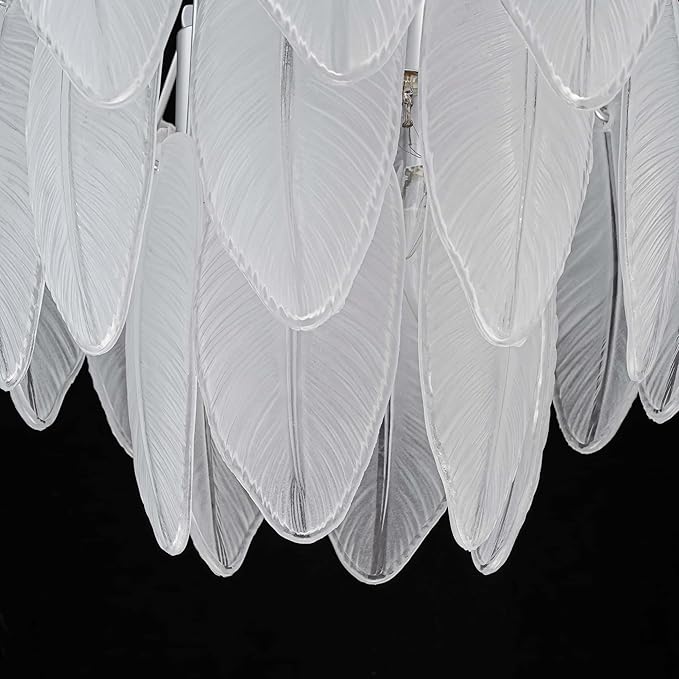 LumFurn 6-Light Glass Chandeliers, Modern 3-Tier Pendant Light Fixture for Dining Room, Living Room, D17.7 x H19~51 Inch Adjustable Height, Frosted Feather-Shaped Glass Shade & Chrome Finish Frame