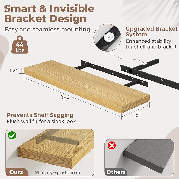30 Inch Floating Shelves for Wall Set of 2, 8"D Wood Grain Bathroom Shelves with Invisible Brackets, Easy Install Engineered Wood Storage Shelves for Kitchen, Living Room, Bedroom, Oak Finish