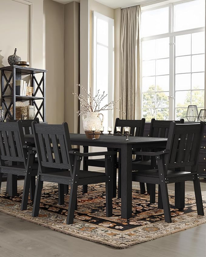 YEFU HIPS Patio Table Set: 7 Piece Outdoor Table and Chairs Patio Furniture Set with Umbrella Hole - Black Modern Plastic Dining Sets 6 Person for Outside Deck with Metal Aluminum Frame