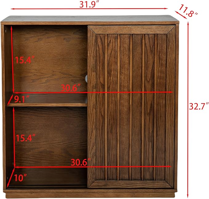 Amposei Mid Century Modern Sideboard Cabinet | Slim Fluted Credenza with Sliding Doors | Narrow Storage Buffet Console Table for Small Spaces, Living Room, Entryway, Kitchen (Walnut, 32")