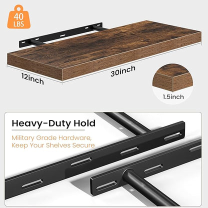 Fun Memories Floating Shelves - 2 Pack 30 Inch Long Rustic Wooden Wall Shelves - 12 Inch Deep Wall Mounted Storage Shelf with Invisible Heavy-Duty Brackets for Books, Bathroom, Kitchen, Brown