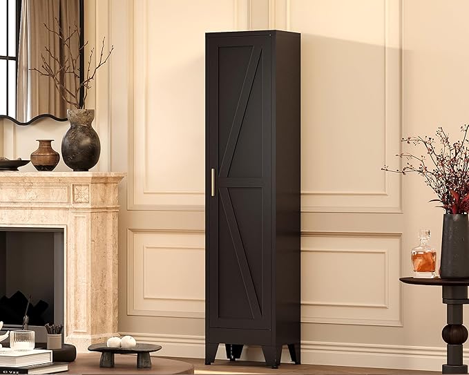 67“H Metal Narrow Kitchen Pantry Cabinet,Black Skinny Pantry Cabinet,Tall Narrow Bathroom Storage Cabinet with Adjustable Shelves,Slim and Thin Pantry Cabinets for Living Room Dining Room