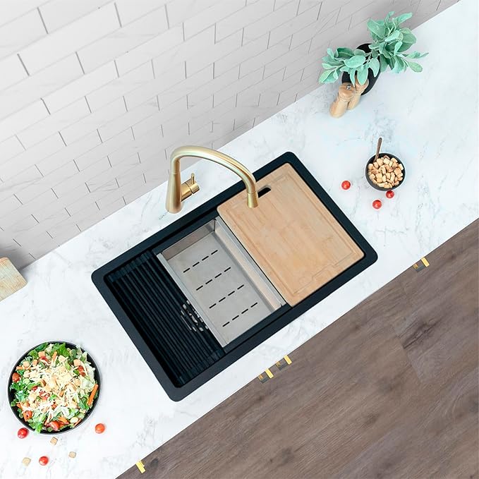 Stylish 28 x 18 Inch Composite Granite Workstation Kitchen Sink, Single Bowl Under Mount & Drop in, 9.5 in Deep, with Bamboo Cutting Board, Roll-Up Drying Rack, Colander & Strainer, Black, S-828WN
