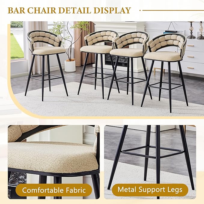 Set of 2 Beige Velvet Bar Stools with Black Iron Legs, Kitchen Island Counter Height Stools