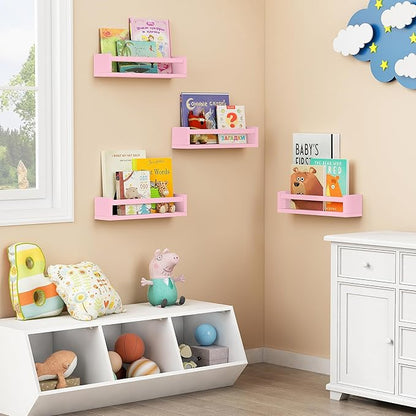 Forbena Pink Floating Shelves for Wall, Aesthetic Wall Bookshelf for Girls Room Decor, Wood Nursery Bookshelves for Toddler Kids Bedroom Book and Toy Storage Organizer (Set of 4, Pink)