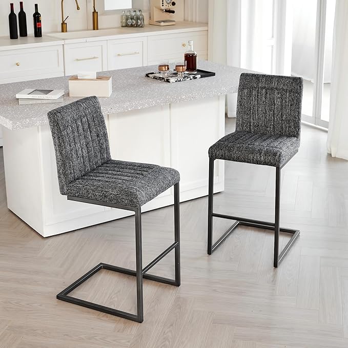 26" Counter Height Bar Stools Set of 2, Modern Upholstered Chairs with Vertical Tufted Backrest & Footrest, Metal Frame for Kitchen Island, Home Bar (Dark Gray Knitted)