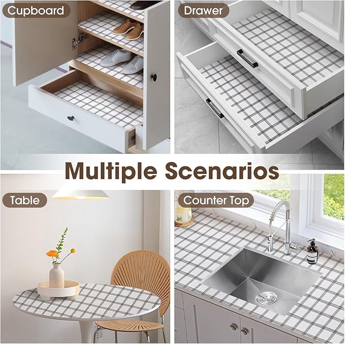 Drawer and Shelf Liner, Non-Slip Kitchen Cabinet Liners Non-Adhesive Thick Strong Grip Waterproof Washable Mats Protect Dresser Shelves Cupboard Bathroom Cabinets, White Stripes, 18IN X 30FT