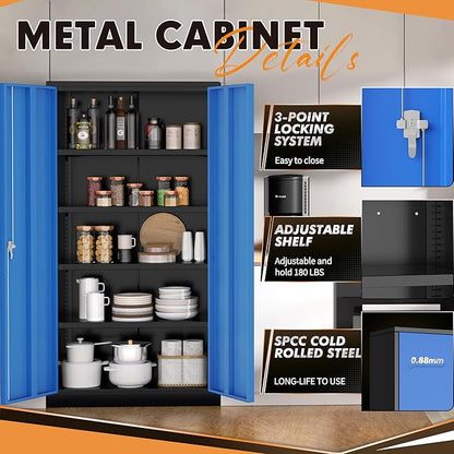 INTERGREAT Metal Storage Cabinet with Doors, 72" Locking Steel Storage Cabinet with Shelves, Tall Metal Cabinet Lockable Steel Cabinets for Home Office, Garage,(Black+Blue)