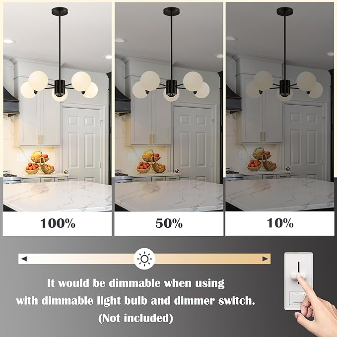 Bagood 5-Light Globe Sputnik Chandelier Mid Century Sputnik Chandeliers Modern Black Globe Pendant Light Matte Black Finished with White Frosted Glass Lampshade for Dining Room Bedroom Kitchen