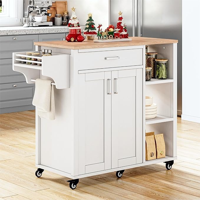 YITAHOME 37" Rolling Kitchen Island Cart with Storage, Butcher Block Island on Wheels, Mobile Kitchen Storage Carts with Shelves & Spice Rack, White