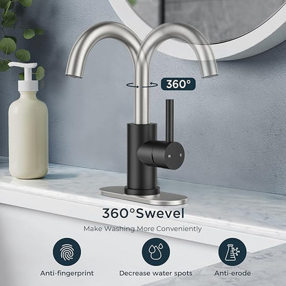 FORIOUS Black and Brushed Nickel Bathroom Sink Faucet 1 or 3 Hole with Metal Pop Up Drain and Hoses, Single Handle Vanity Faucet for Bathroom Bar Kitchen RV, 360° Swivel High Arc Spout