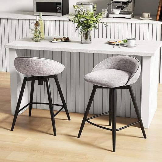 Giantex Swivel Bar Stools Set of 2, 25" Counter Height Bar Chairs with Footrest, Low Backs & Metal Frame, Upholstered Line Fabric Barstools for Kitchen Island, Cafe & Pub, Grey